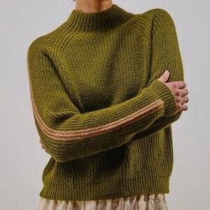 The Endery Olive Green Racing Stripe Mockneck Moss Sweater Alpaca Wool XL/XXL